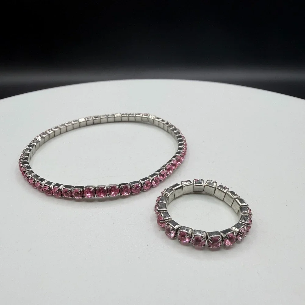 Pink Rhinestone Stretch Bracelet Ring Set Silver Tone Coquette Y2K Sparkle Gift